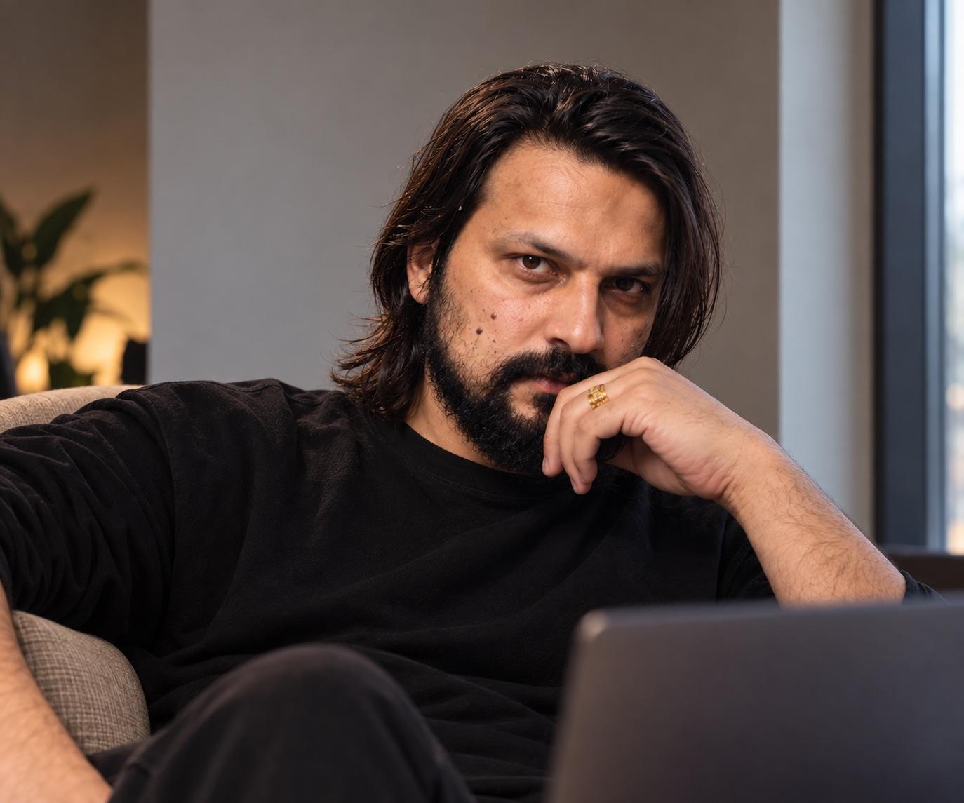Asif Sultan sitting in an armchair behind a laptop, hand on his chin